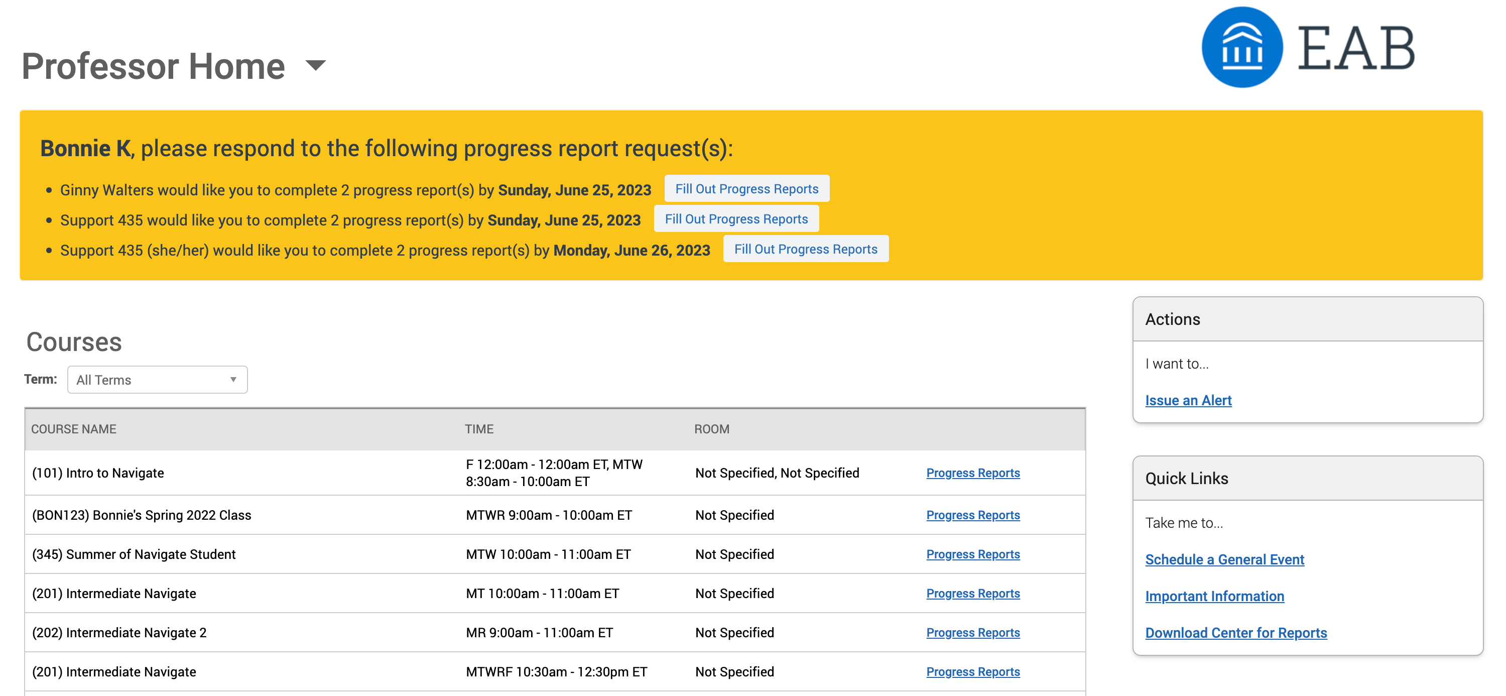 Professor Home with requests to respond to Progress Reports